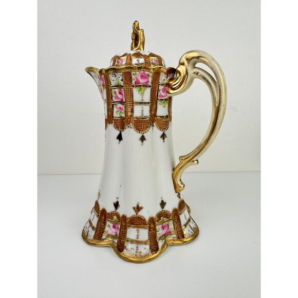 NIPON Porcelain Hand-Painted Chocolate Pot Pink Rose Gold Raised Beaded Gilt VTG - Picture 4 of 13